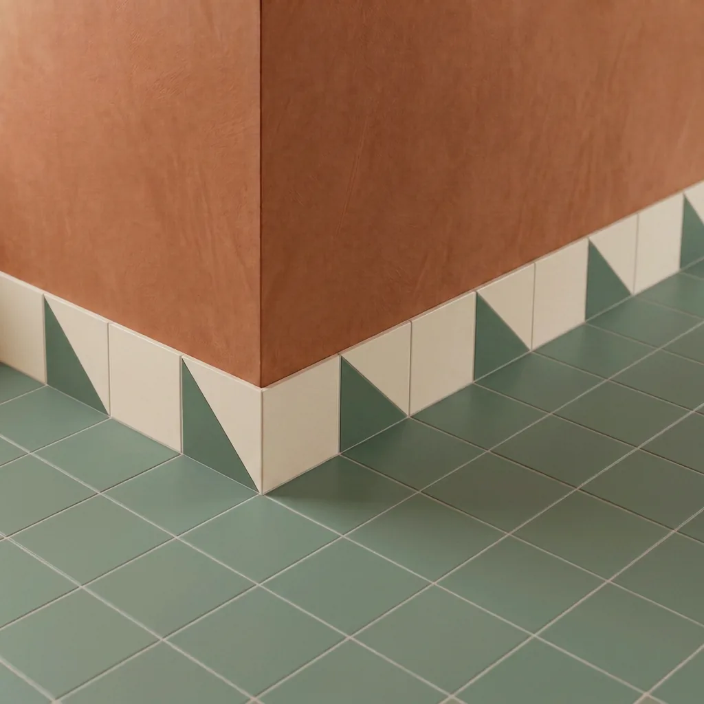 Azulejo Trigone Crema 10x10 Verde Caqui Mate colocado como cenefa en un suelo