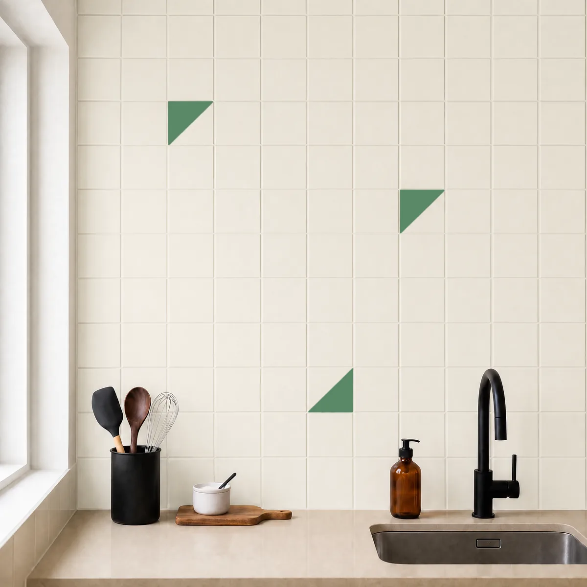 Azulejo Trigone Crema 10x10 Verde Mate salpicado sobre un alicatado liso en una cocina