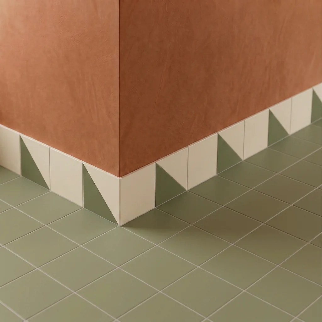 Azulejo Trigone Crema 10x10 Verde Oliva Mate colocado como cenefa en un suelo