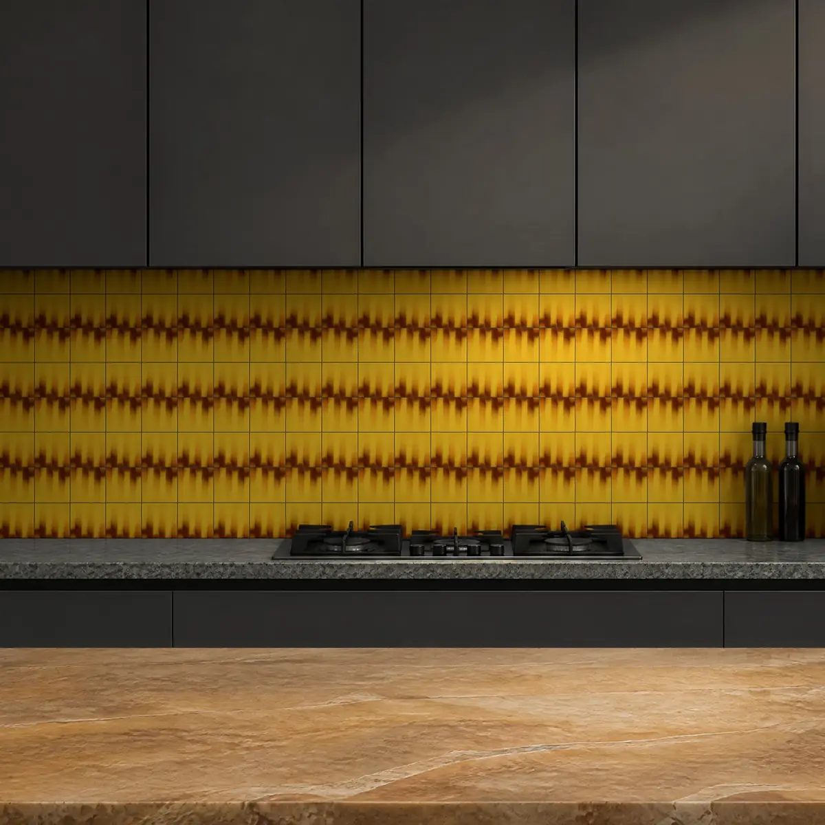 Cocina con Azulejo Fumé 10x10 Amarillo Brillo de frente de encimera