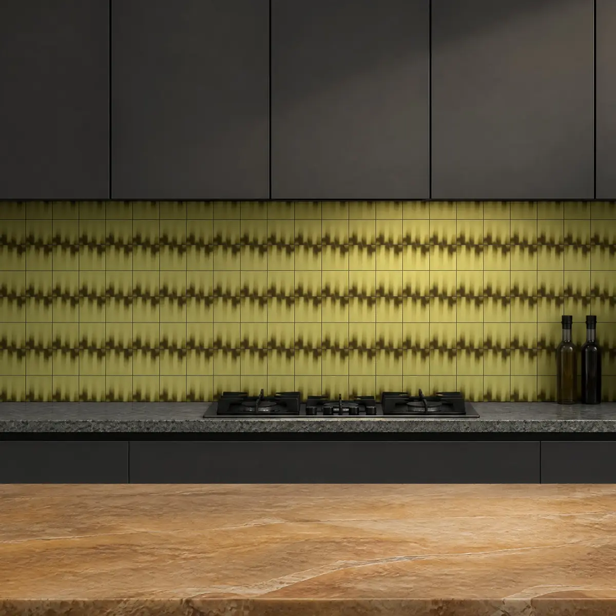 Cocina con Azulejo Fumé 10x10 Amarillo Limón Mate de frente de encimera