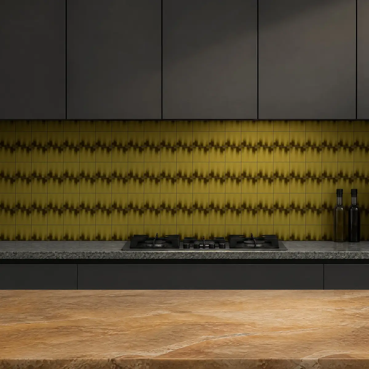 Cocina con Azulejo Fumé 10x10 Arena Brillo de frente de encimera