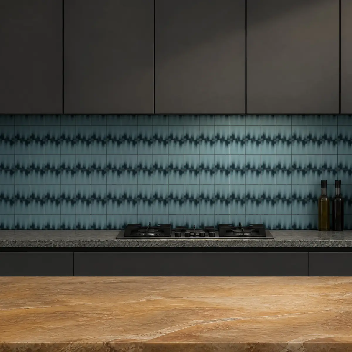 Cocina con Azulejo Fumé 10x10 Azul Bebé Brillo de frente de encimera