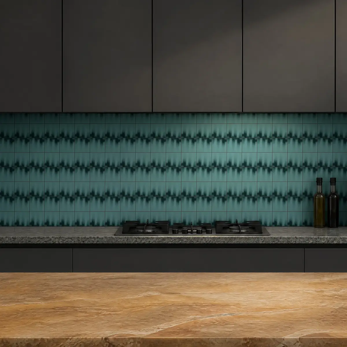 Cocina con Azulejo Fumé 10x10 Azul Océano Brillo de frente de encimera