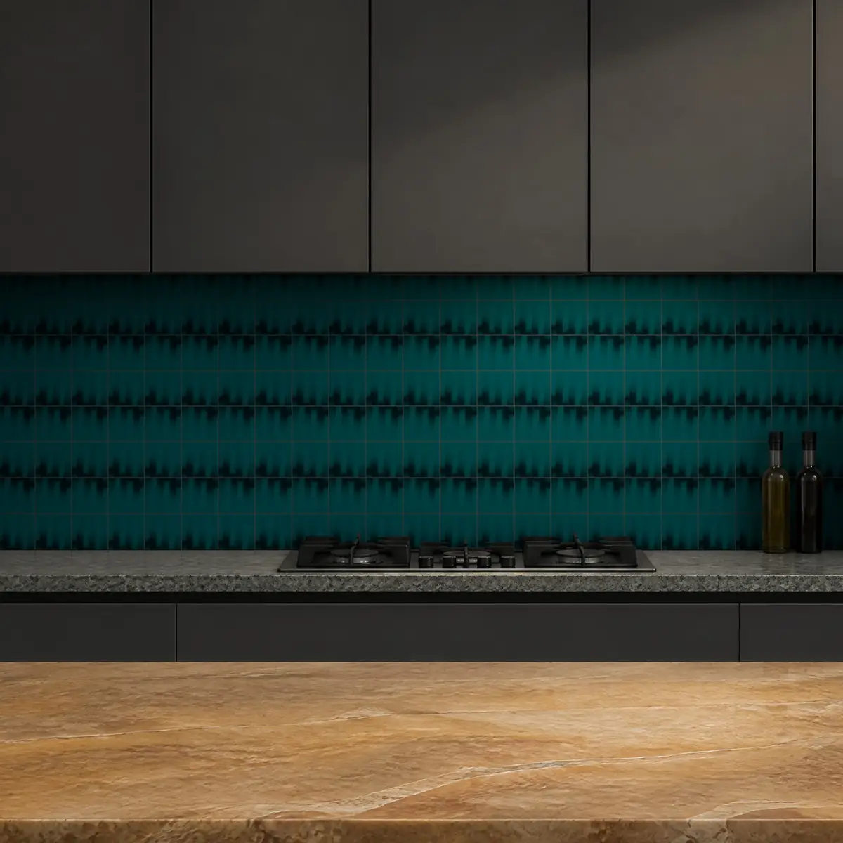 Cocina con Azulejo Fumé 10x10 Azul Turquesa Brillo de frente de encimera