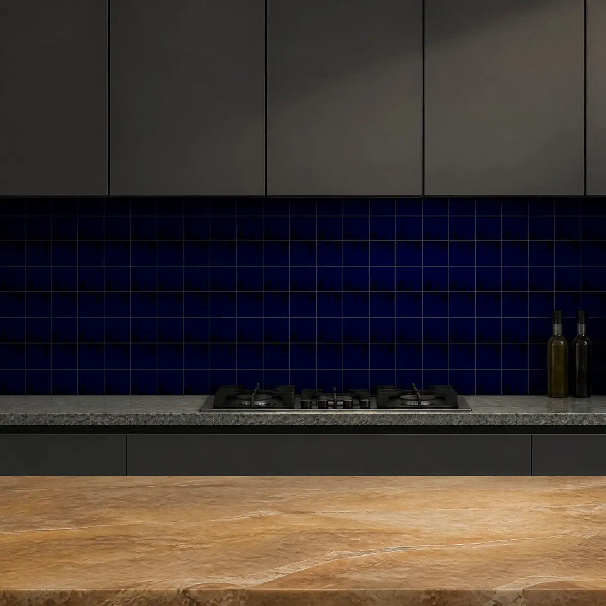 Cocina con Azulejo Fumé 10x10 Azul Victoriano Brillo de frente de encimera