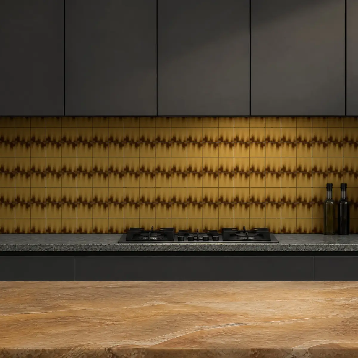 Cocina con Azulejo Fumé 10x10 Beige Brillo de frente de encimera