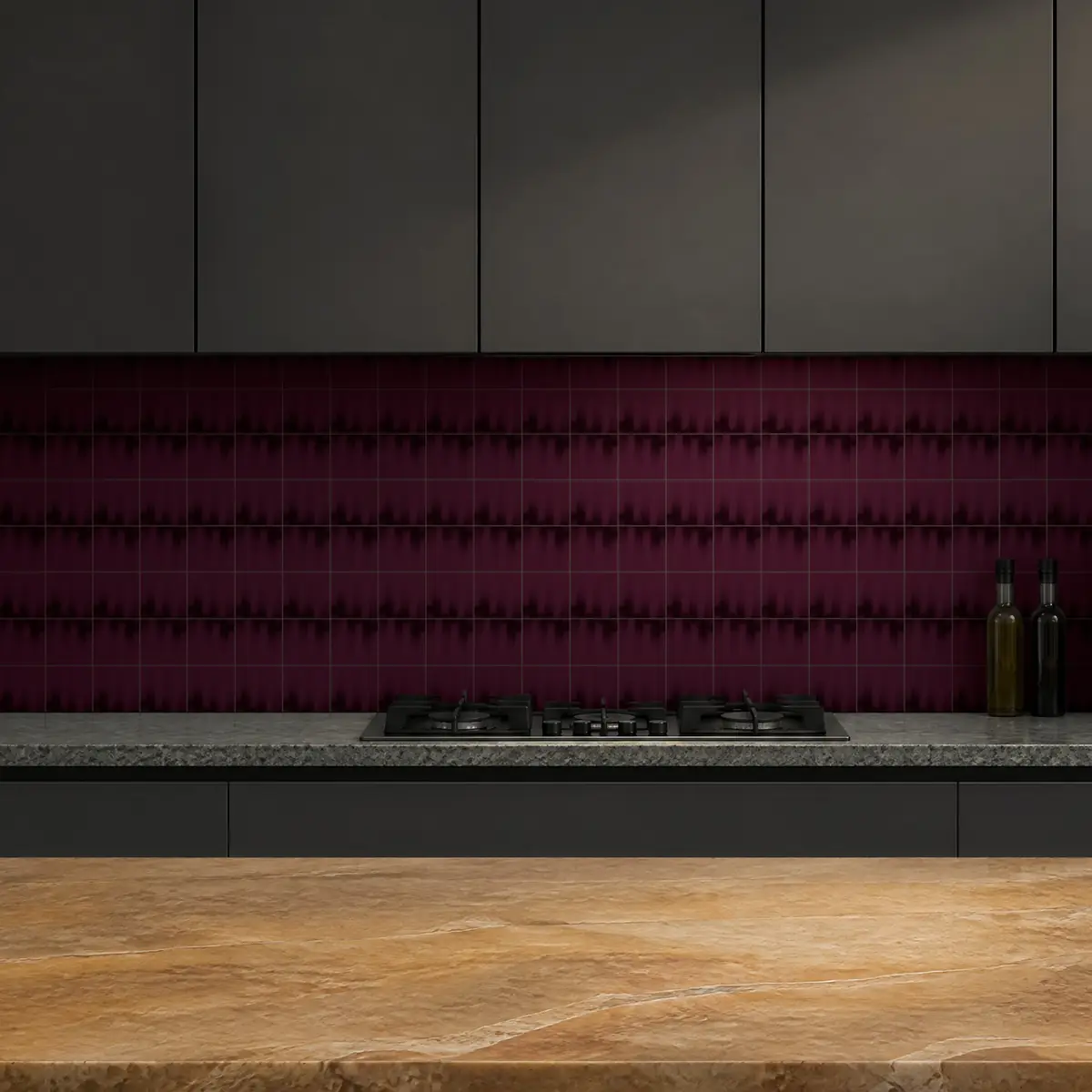 Cocina con Azulejo Fumé 10x10 Berenjena Brillo de frente de encimera