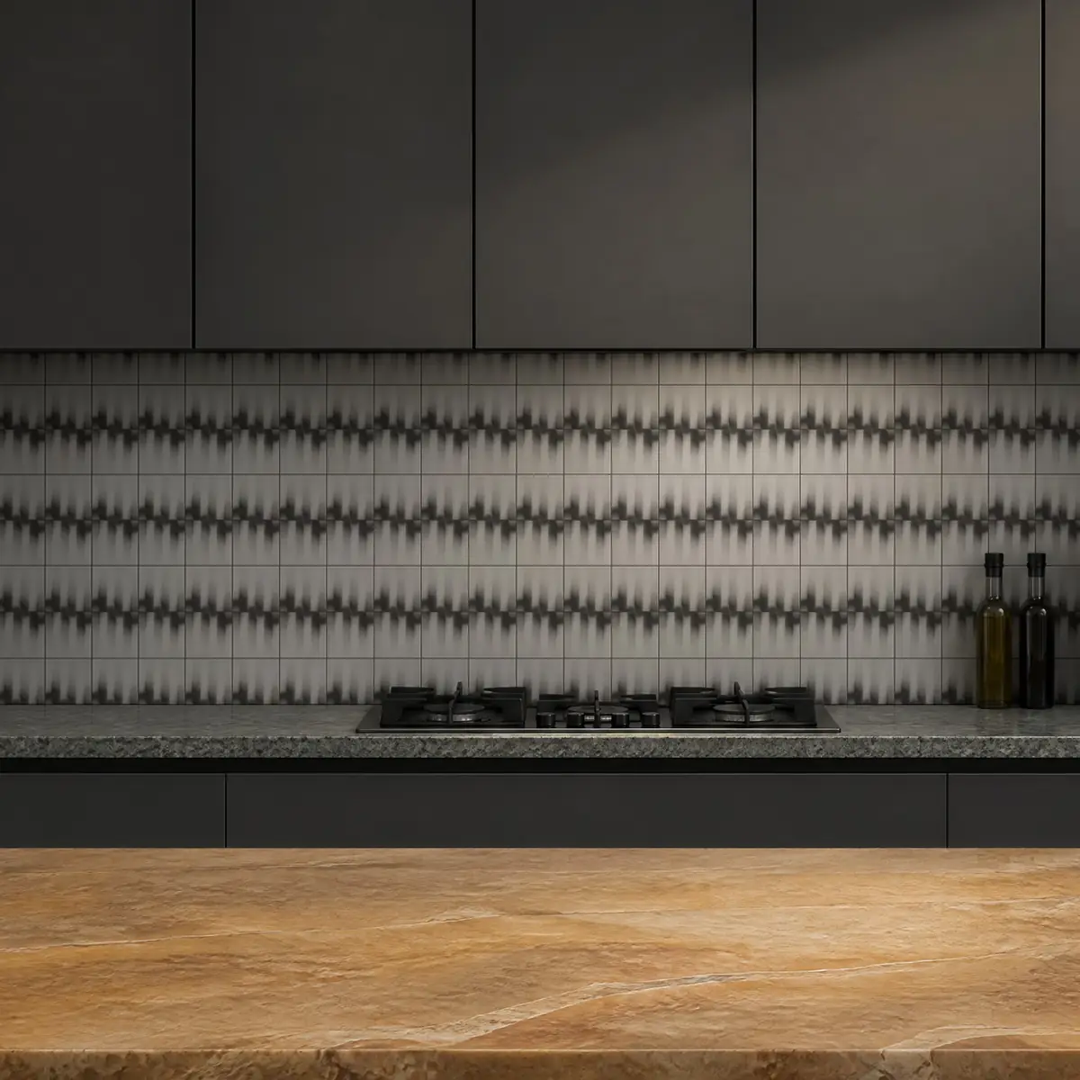 Cocina con Azulejo Fumé 10x10 Gris Ceniza Mate de frente de encimera