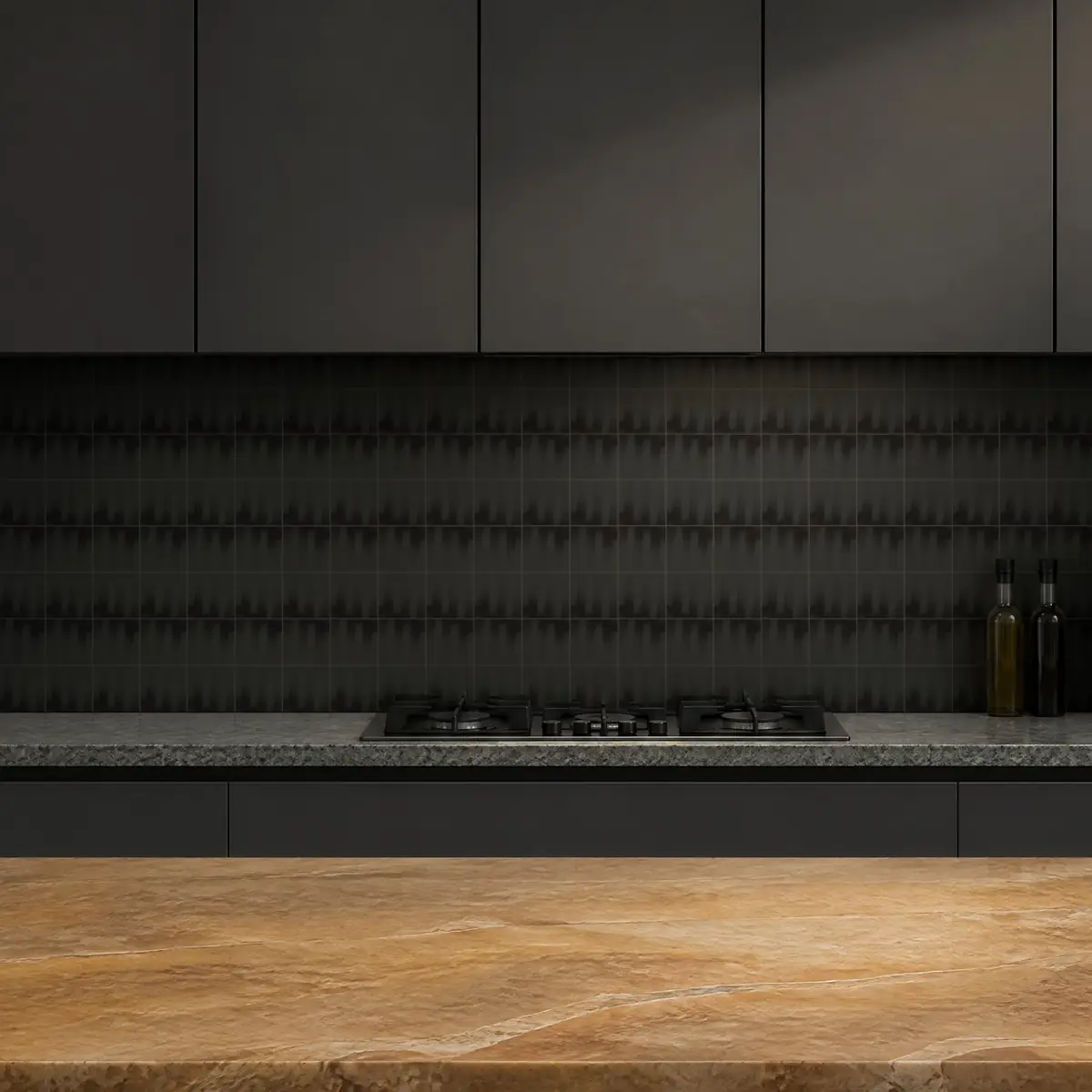 Cocina con Azulejo Fumé 10x10 Gris Grafito Mate de frente de encimera