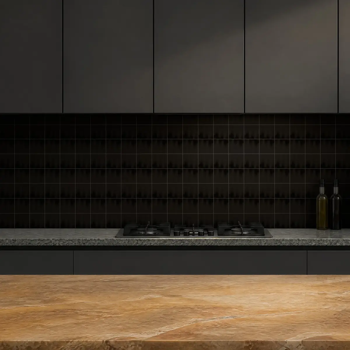 Cocina con Azulejo Fumé 10x10 Gris Oscuro Brillo de frente de encimera