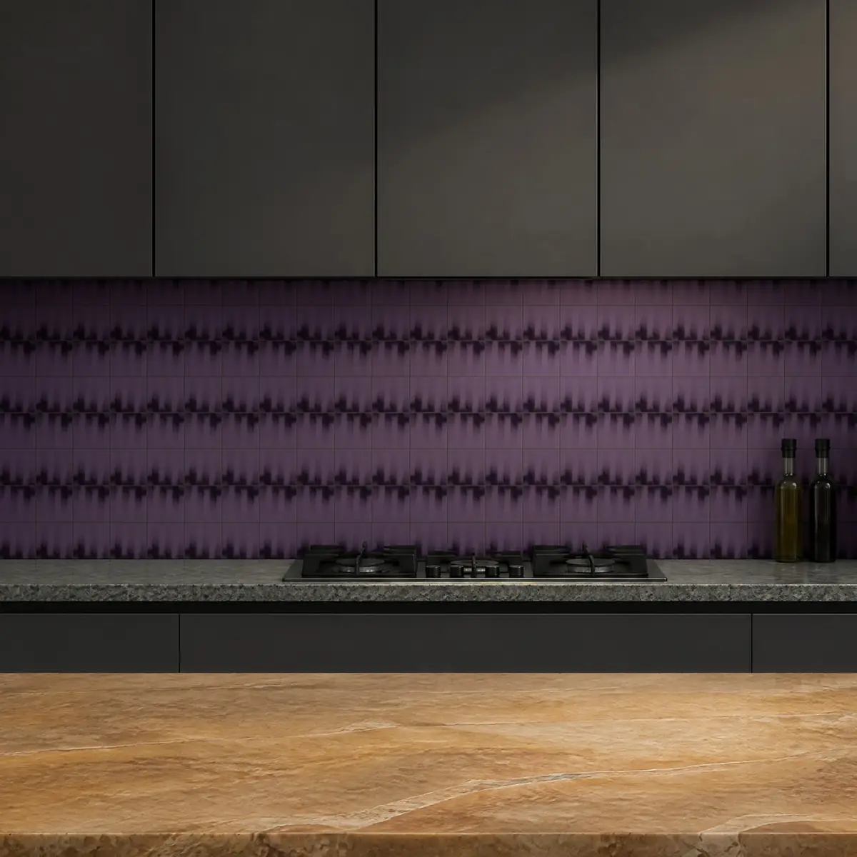 Cocina con Azulejo Fumé 10x10 Lila Brillo de frente de encimera