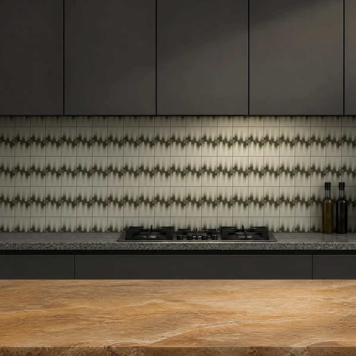 Cocina con Azulejo Fumé 10x10 Mantequilla Mate de frente de encimera