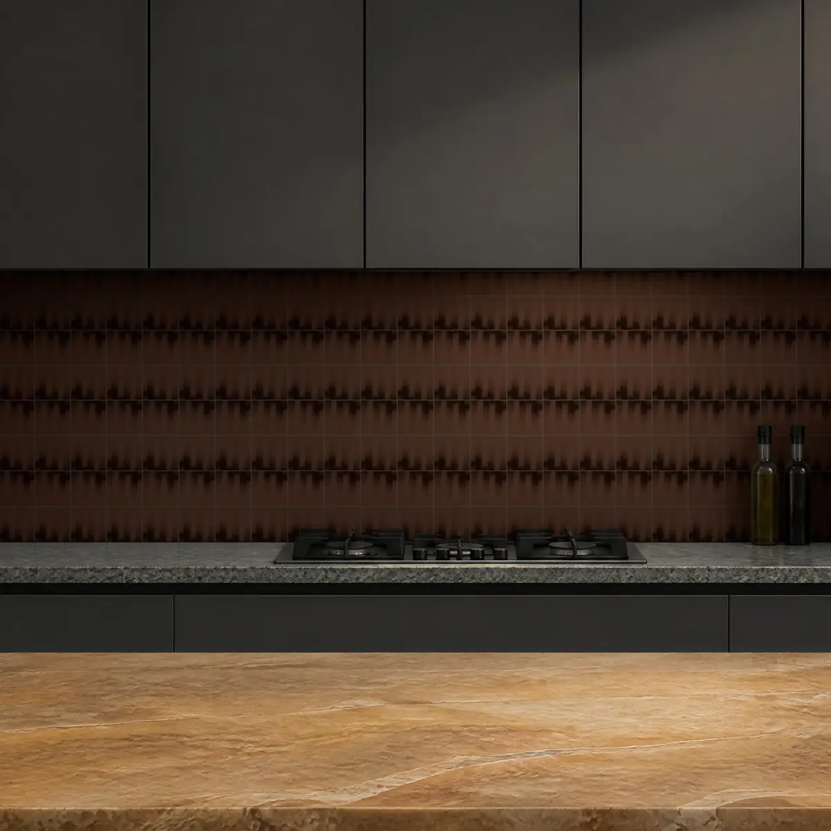 Cocina con Azulejo Fumé 10x10 Marrón Brillo de frente de encimera