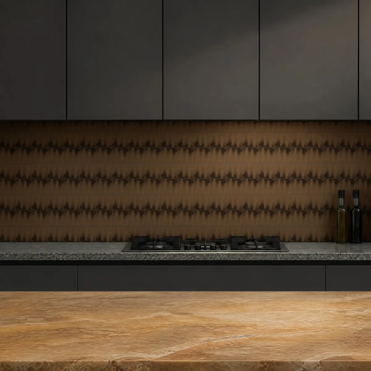 Cocina con Azulejo Fumé 10x10 Marrón Caramelo Mate de frente de encimera