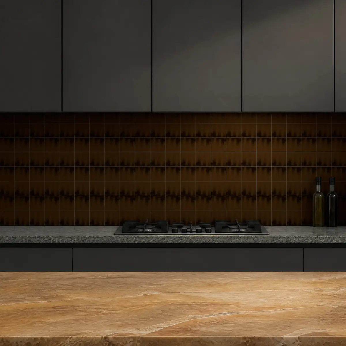 Cocina con Azulejo Fumé 10x10 Marrón Mocca Brillo de frente de encimera