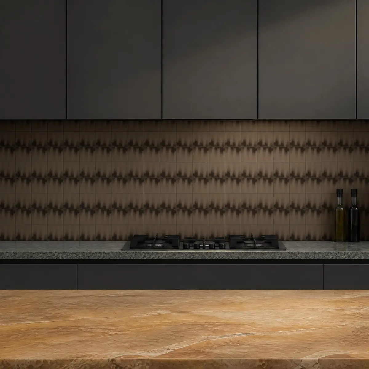 Cocina con Azulejo Fumé 10x10 Marrón Piedra Mate de frente de encimera