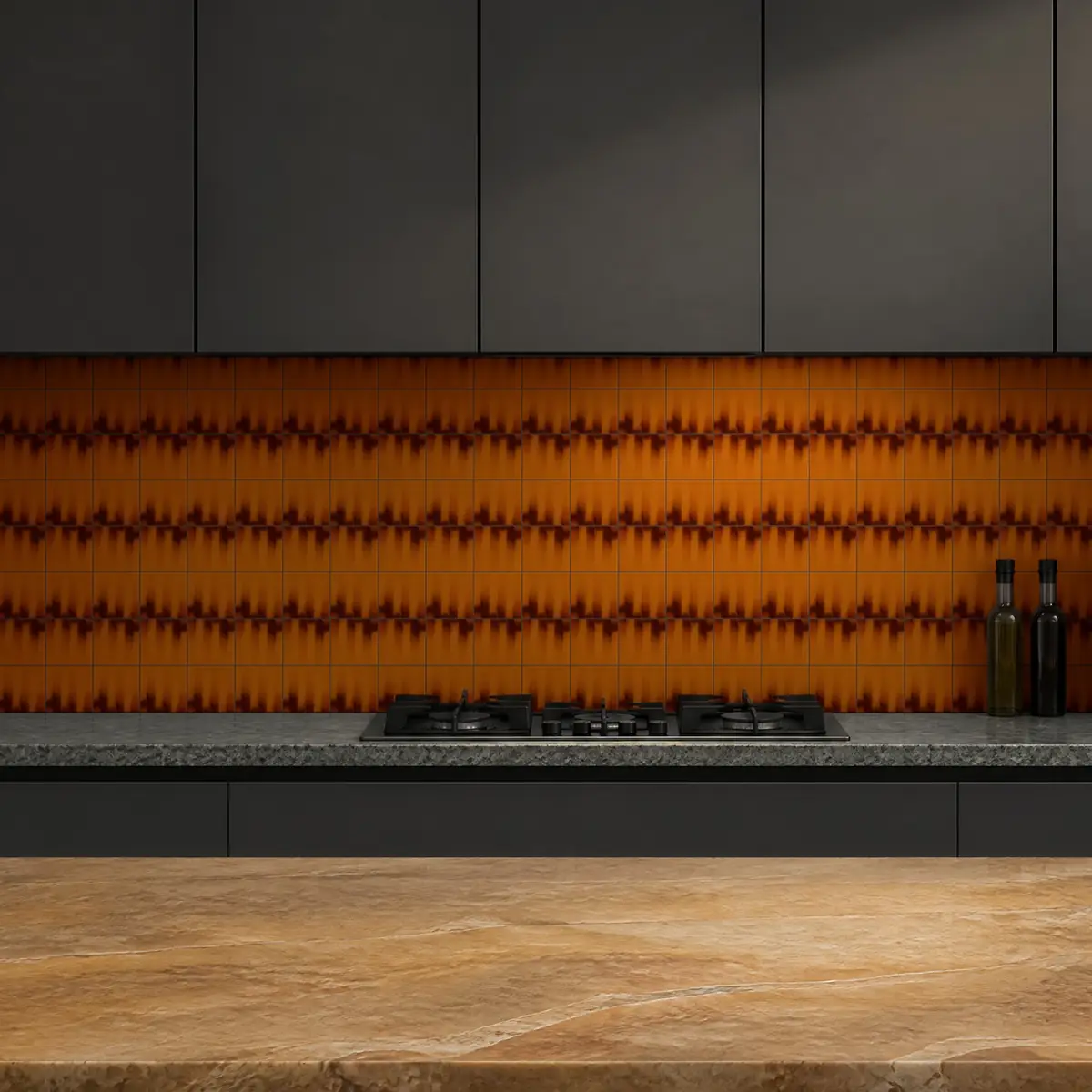 Cocina con Azulejo Fumé 10x10 Naranja Brillo de frente de encimera