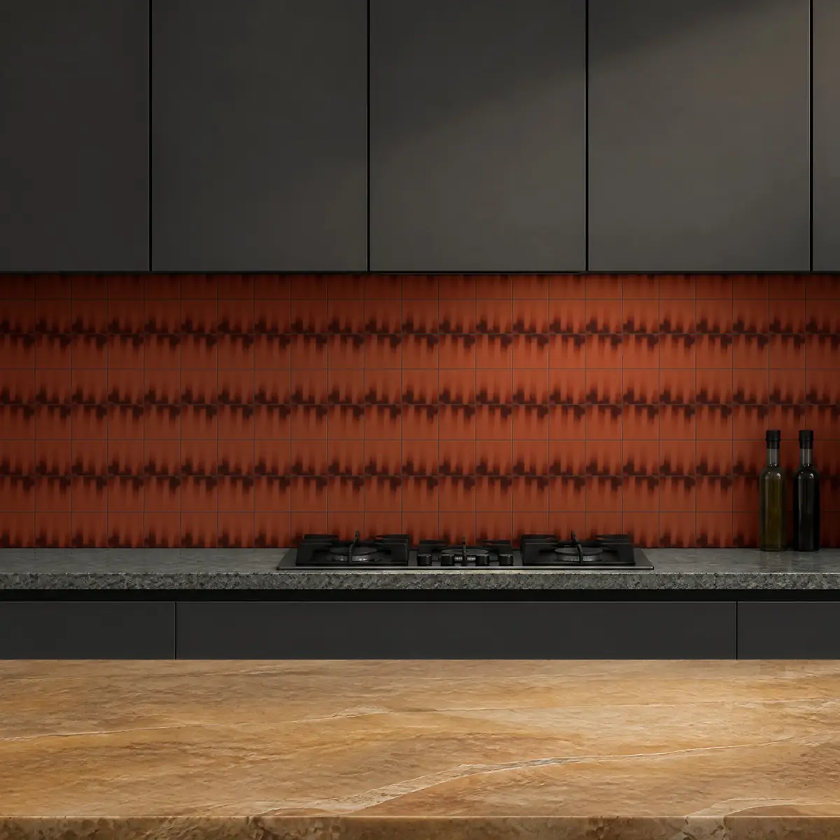 Cocina con Azulejo Fumé 10x10 Naranja Coral Mate de frente de encimera
