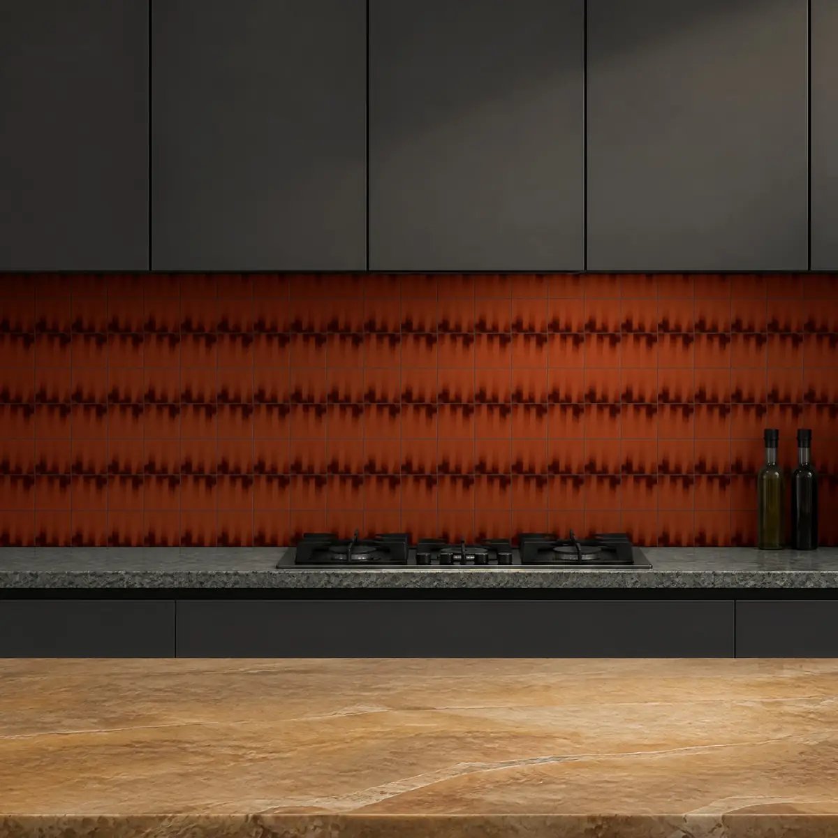 Cocina con Azulejo Fumé 10x10 Naranja Oscuro Brillo de frente de encimera