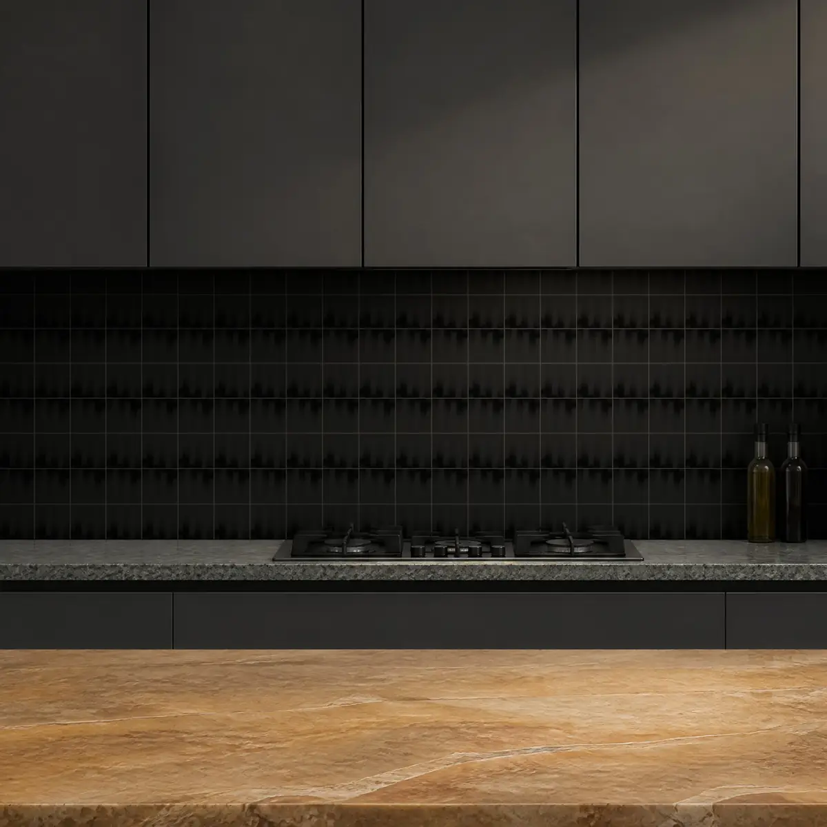 Cocina con Azulejo Fumé 10x10 Negro Brillo de frente de encimera