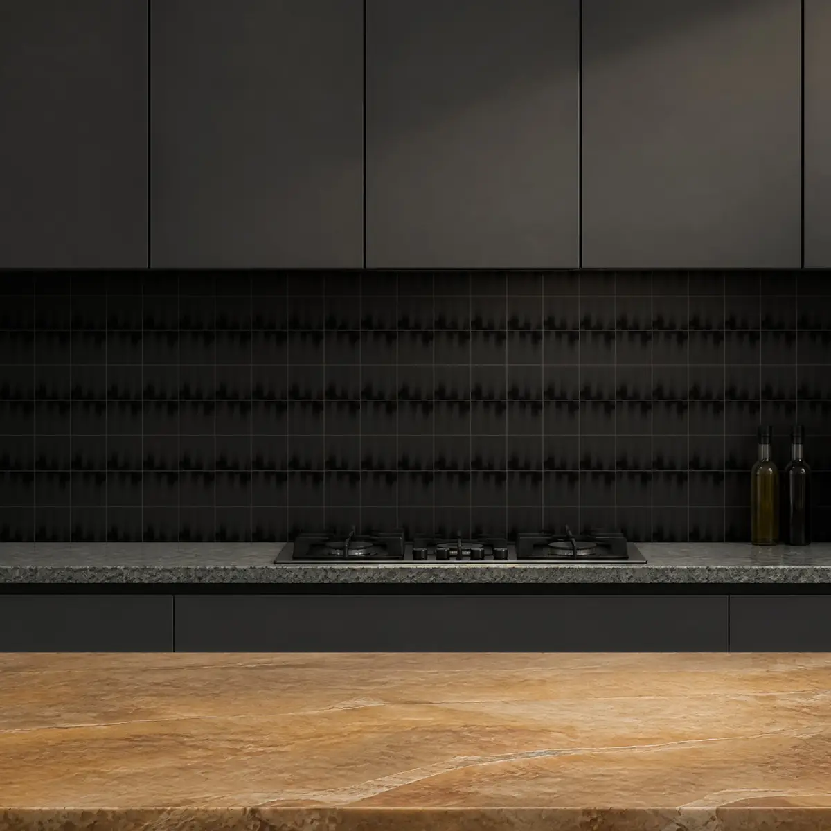 Cocina con Azulejo Fumé 10x10 Negro Mate de frente de encimera