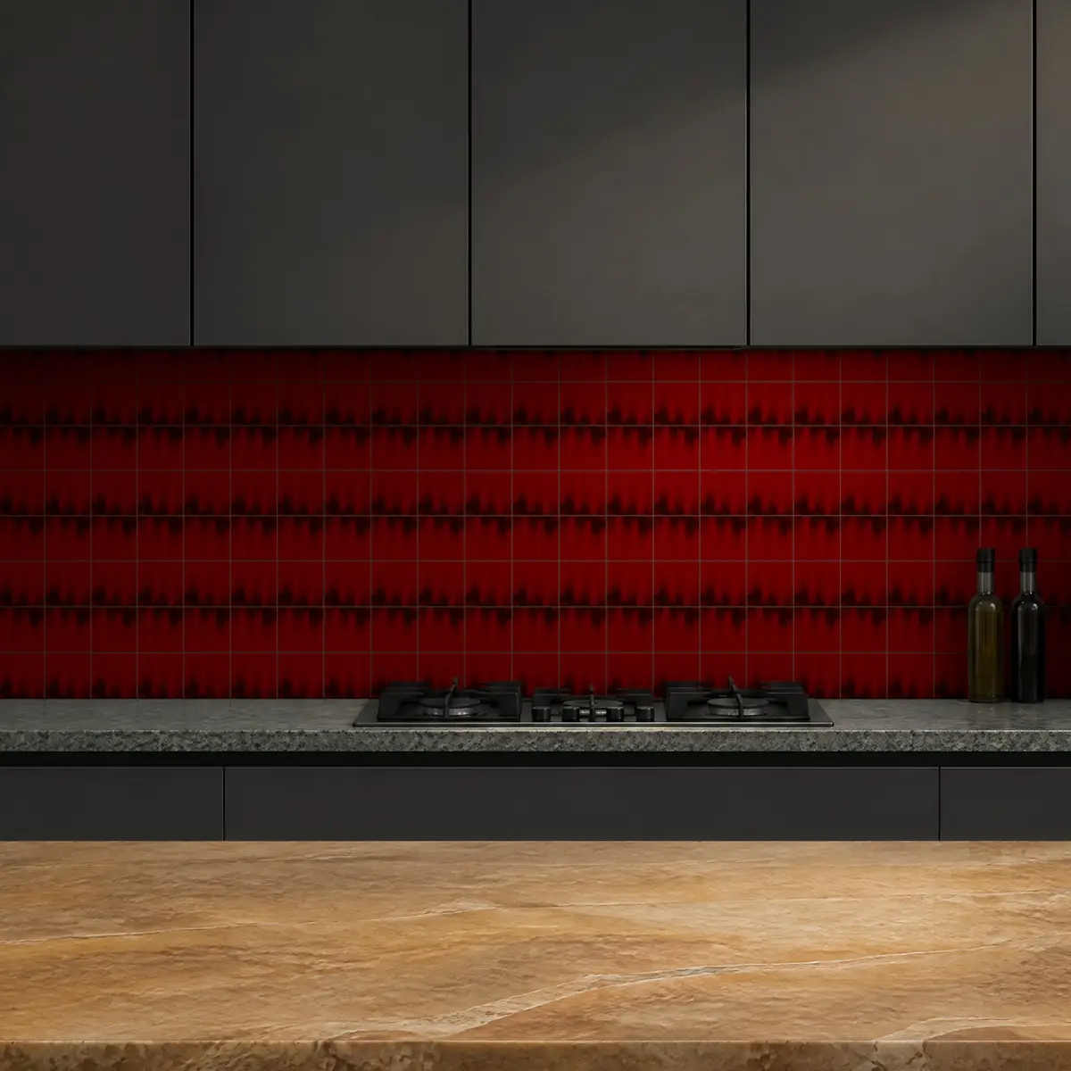Cocina con Azulejo Fumé 10x10 Rojo Brillo de frente de encimera