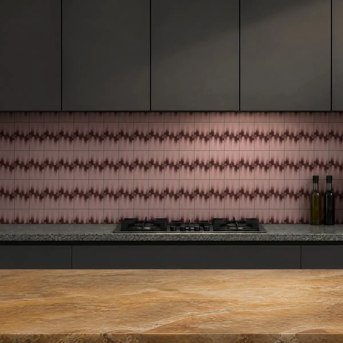 Cocina con Azulejo Fumé 10x10 Rosa Brillo de frente de encimera