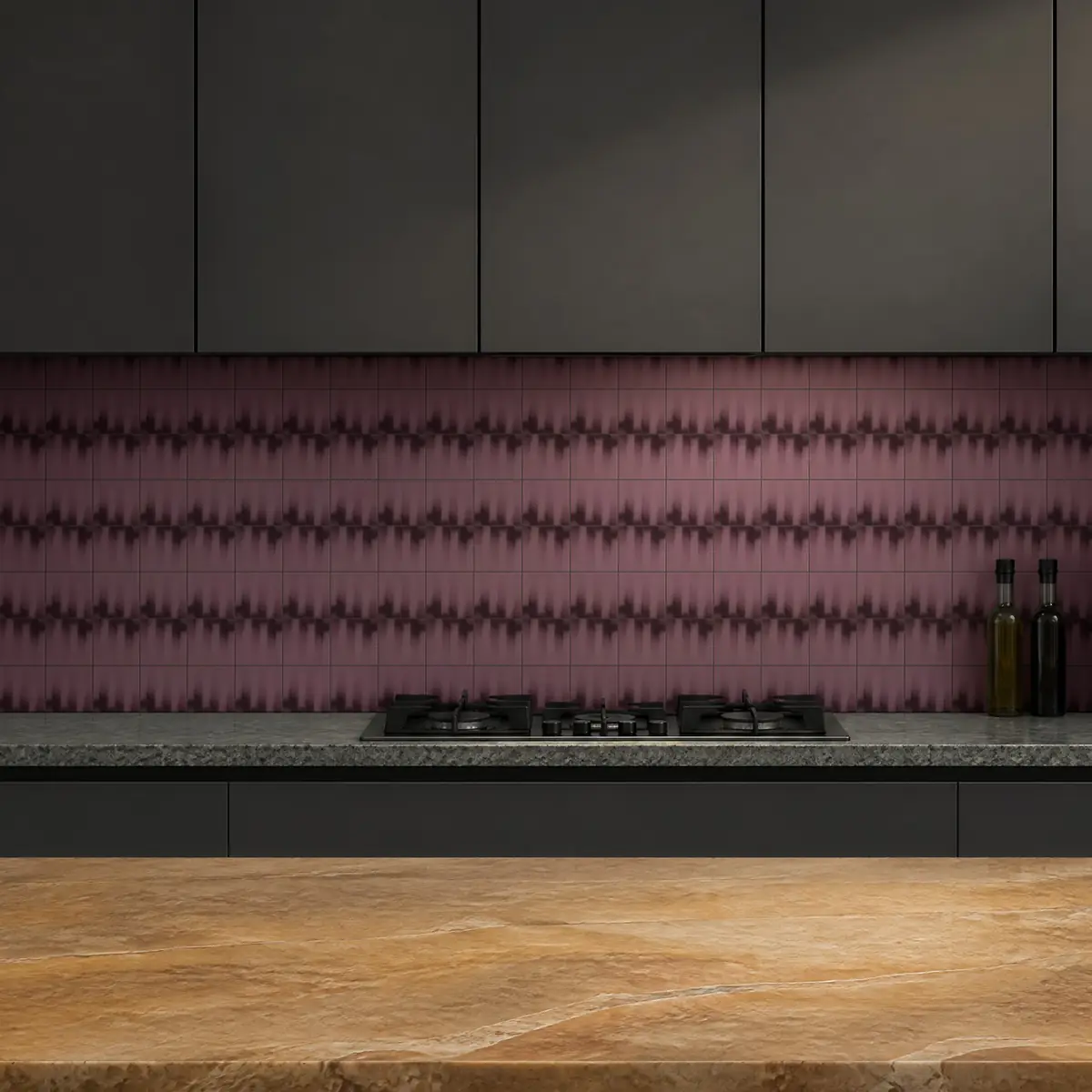 Cocina con Azulejo Fumé 10x10 Rosa Malva Mate de frente de encimera