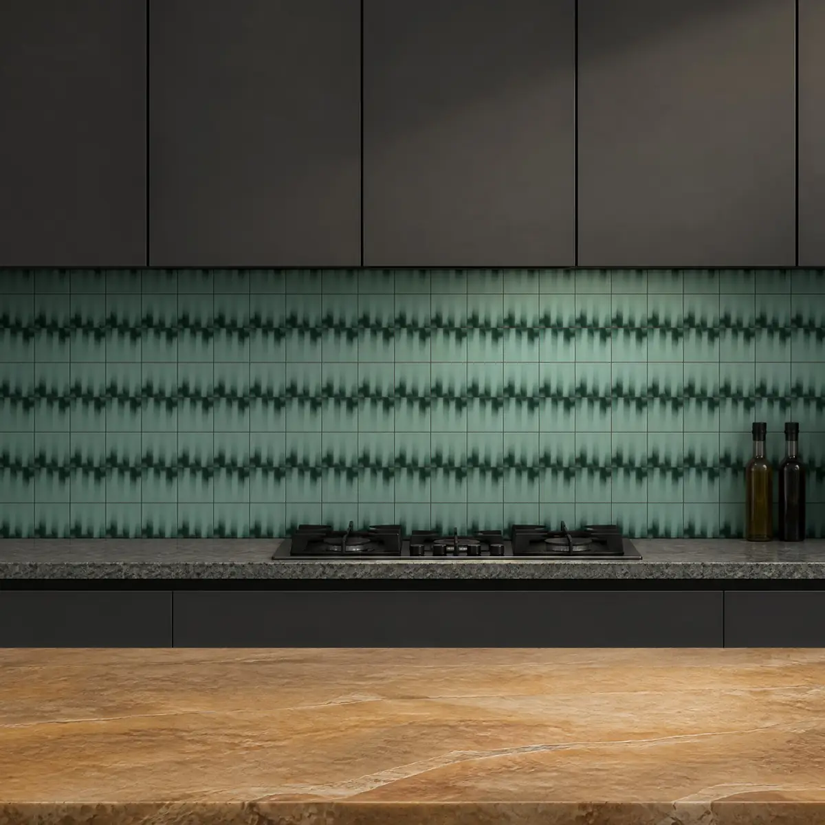 Cocina con Azulejo Fumé 10x10 Verde Agua Brillo de frente de encimera