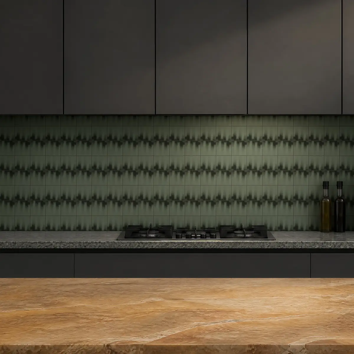 Cocina con Azulejo Fumé 10x10 Verde Caqui Mate de frente de encimera