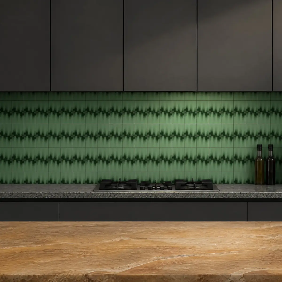 Cocina con Azulejo Fumé 10x10 Verde Claro Brillo de frente de encimera