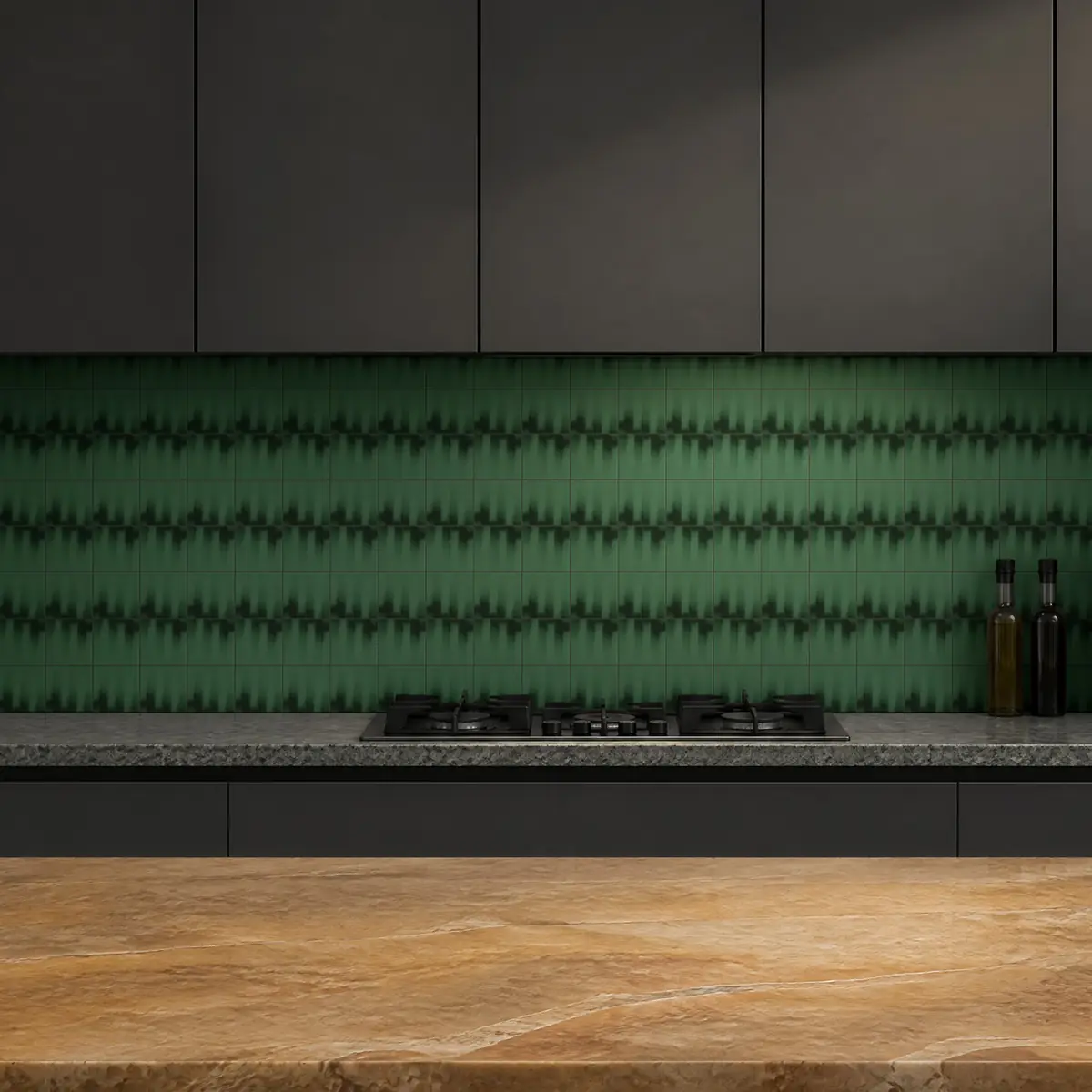 Cocina con Azulejo Fumé 10x10 Verde Mate de frente de encimera
