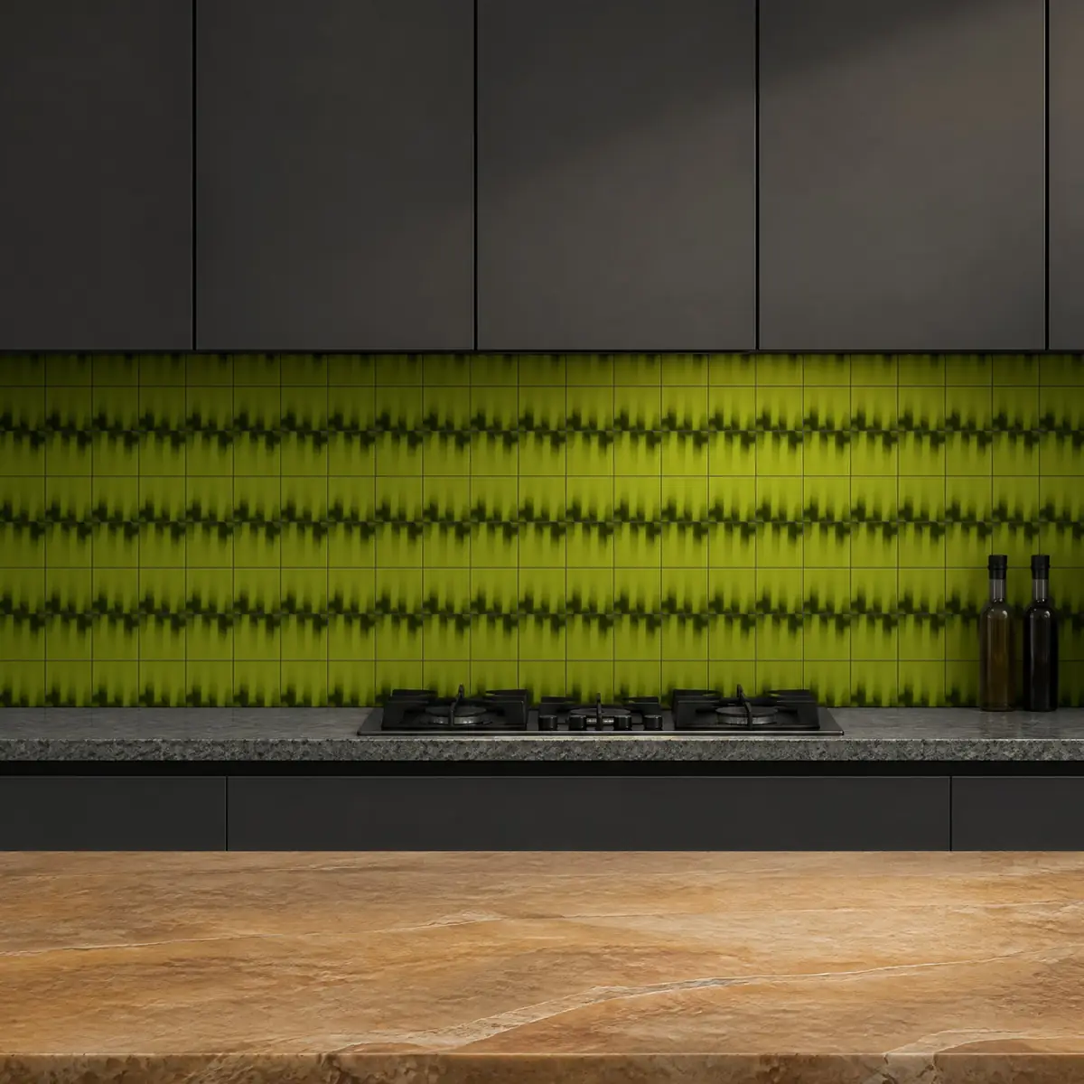 Cocina con Azulejo Fumé 10x10 Verde Musgo Brillo de frente de encimera