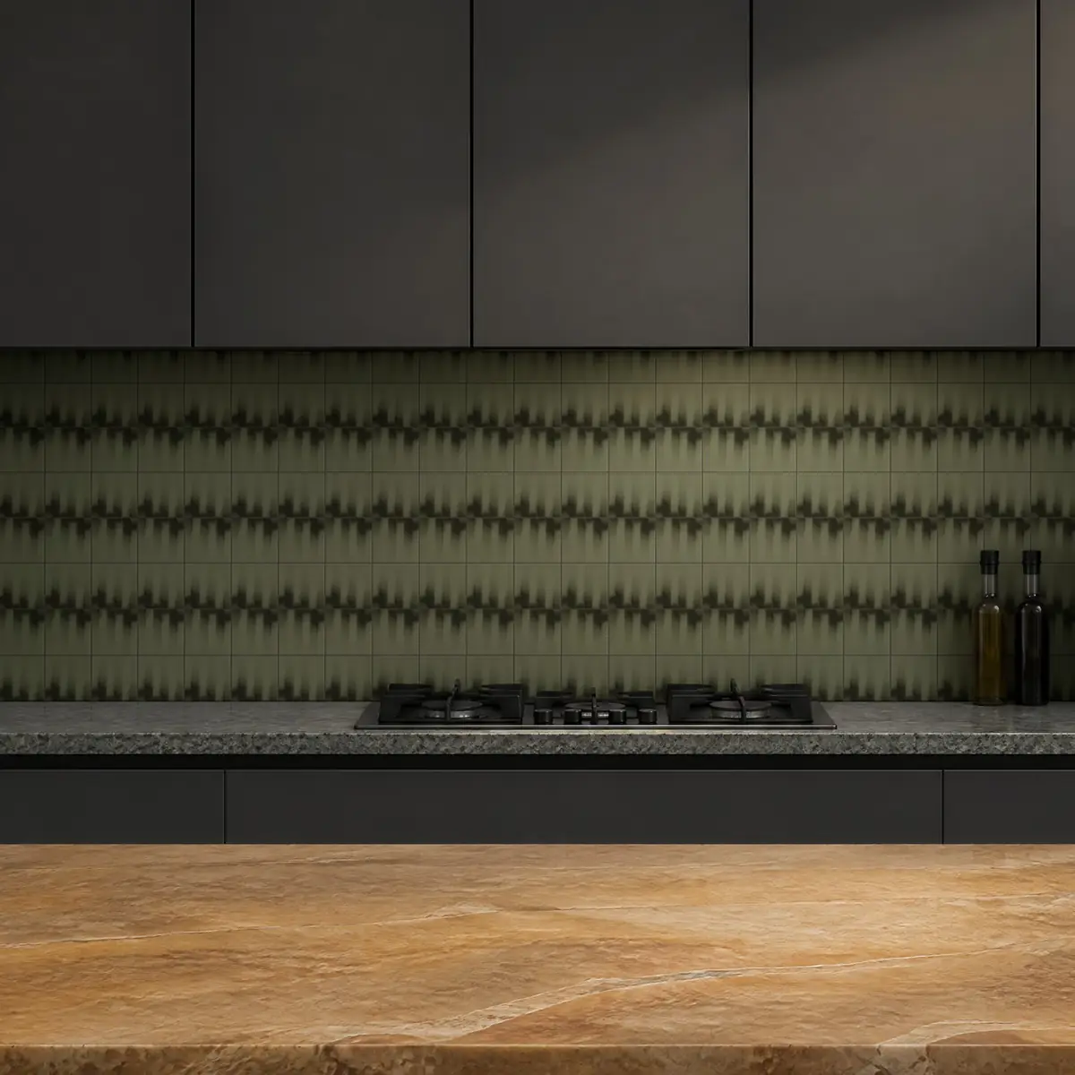 Cocina con Azulejo Fumé 10x10 Verde Oliva Mate de frente de encimera
