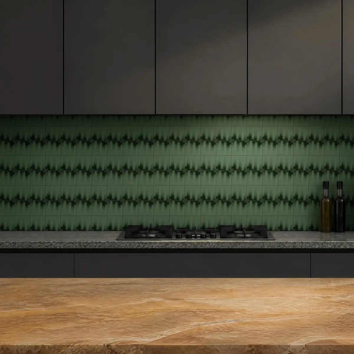 Cocina con Azulejo Fumé 10x10 Verde Oscuro Brillo de frente de encimera