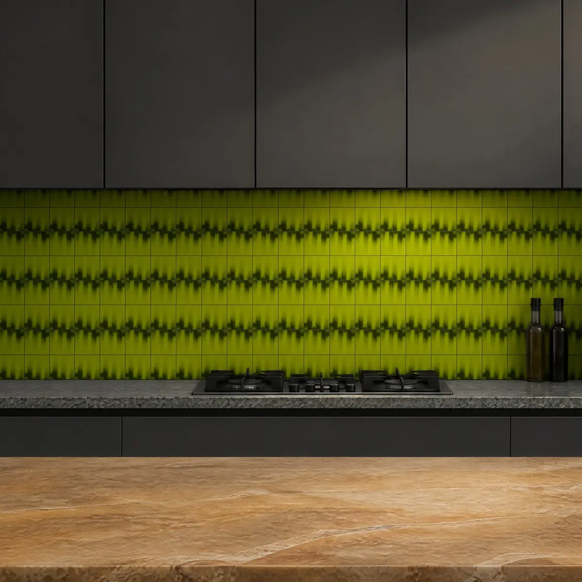 Cocina con Azulejo Fumé 10x10 Verde Pistacho Brillo de frente de encimera