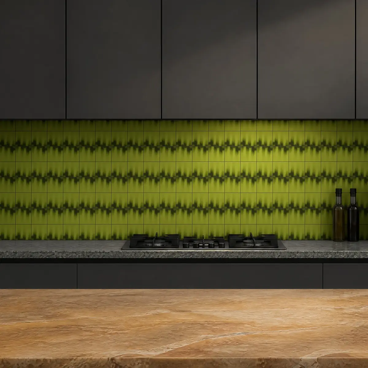 Cocina con Azulejo Fumé 10x10 Verde Pistacho Mate de frente de encimera