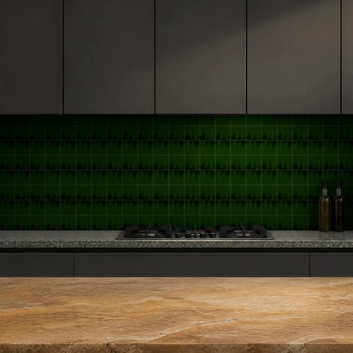 Cocina con Azulejo Fumé 10x10 Verde Victoriano Brillo de frente de encimera