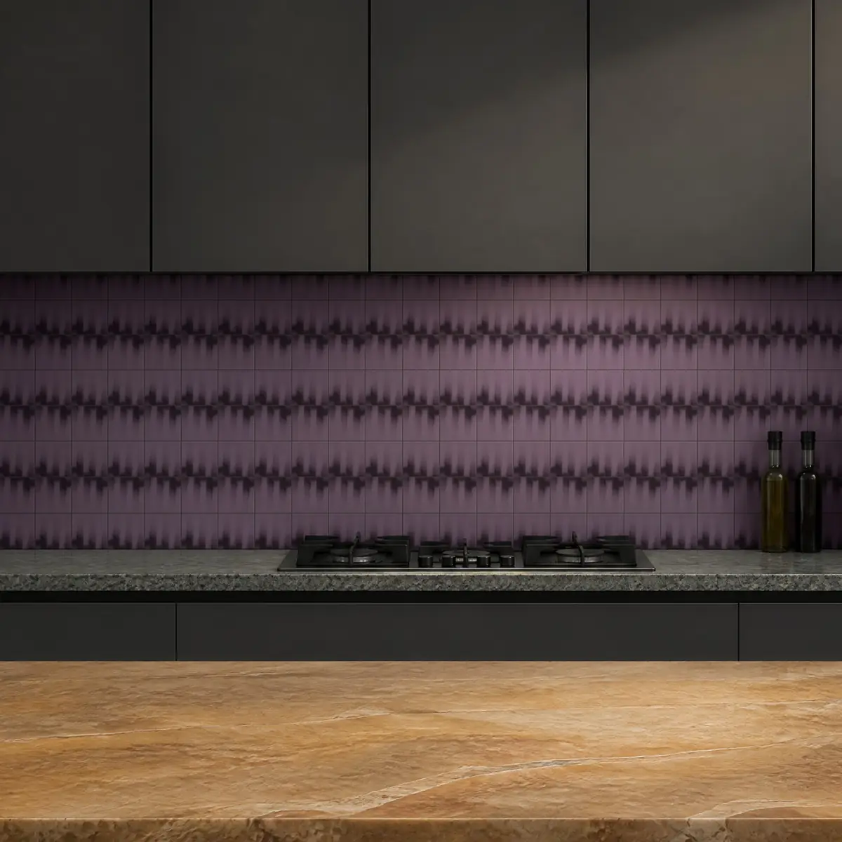 Cocina con Azulejo Fumé 10x10 Violeta Mate de frente de encimera