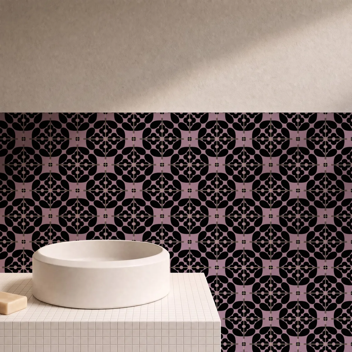 Otro ambiente con Azulejo Sixties Color 10x10 Rosa Malva Mate