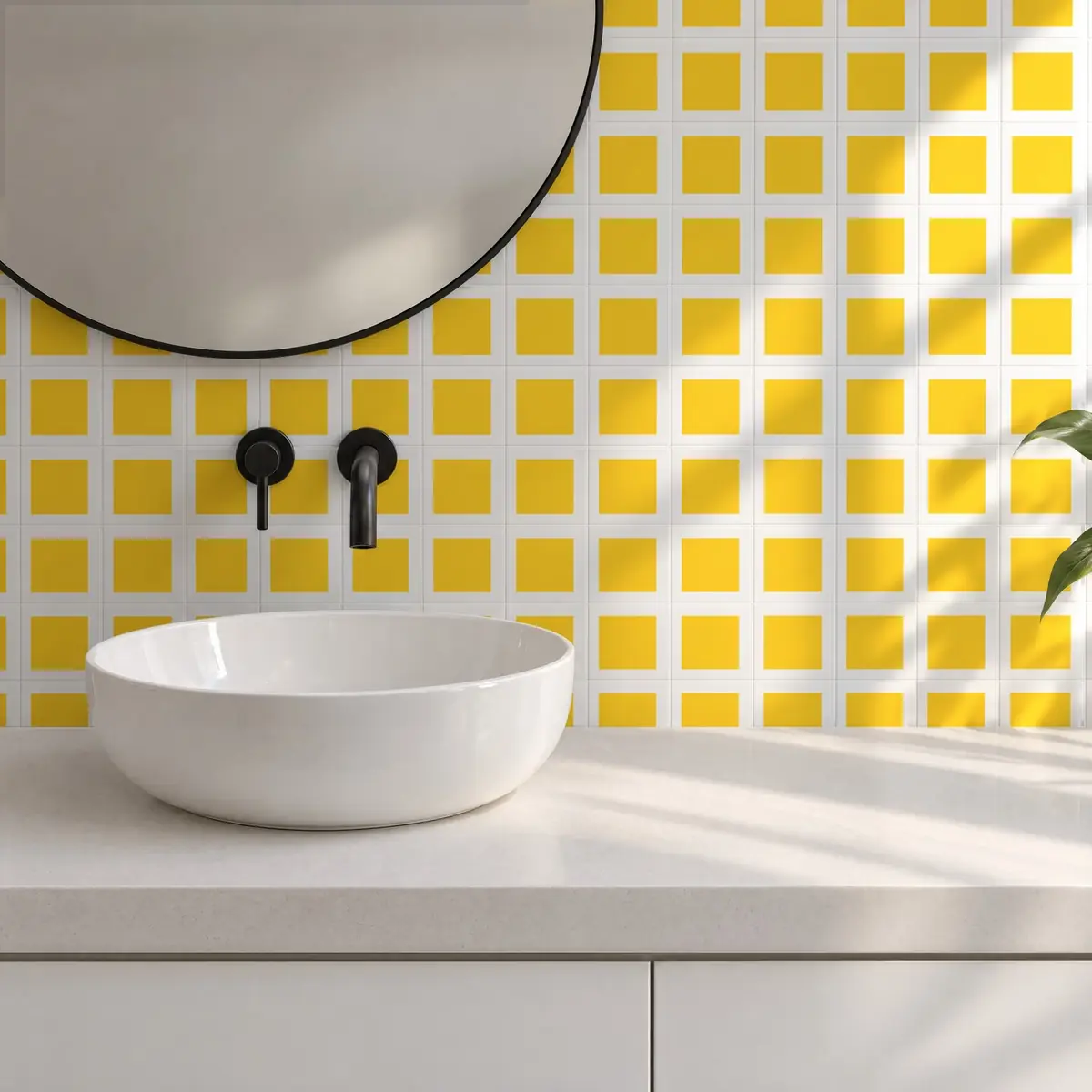 Baño alicatado con Azulejo Square Blanco Brillo 10x10 Amarillo