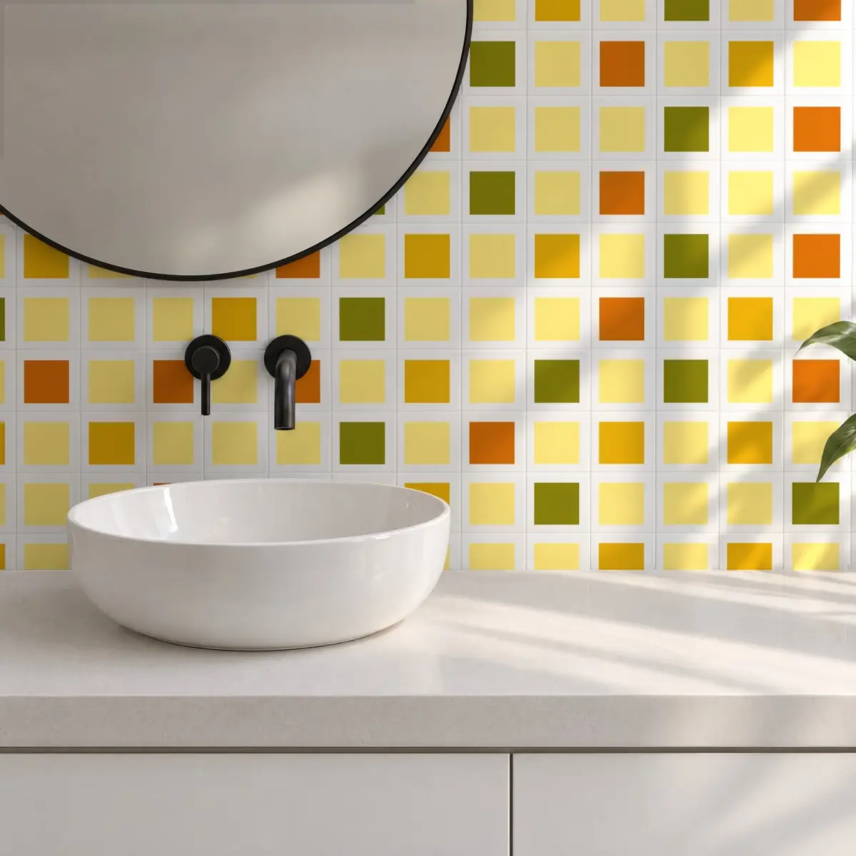 Baño alicatado con Azulejo Square Blanco Brillo 10x10 Amarillo Claro combinado con otros colores