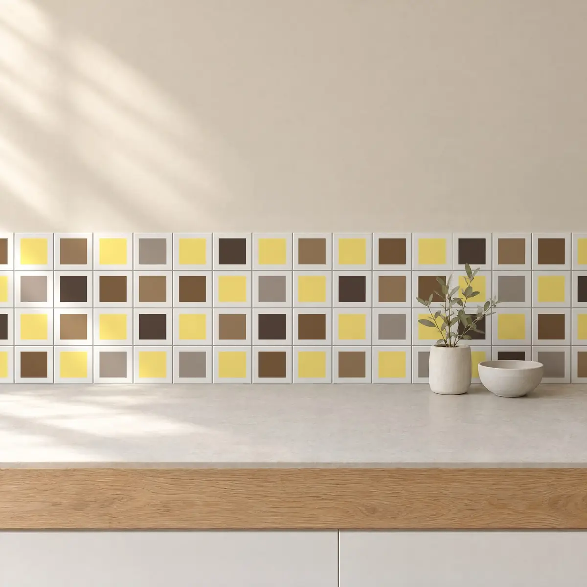 Cocina con Azulejo Square Blanco Brillo 10x10 Amarillo Claro combinado con otros colores