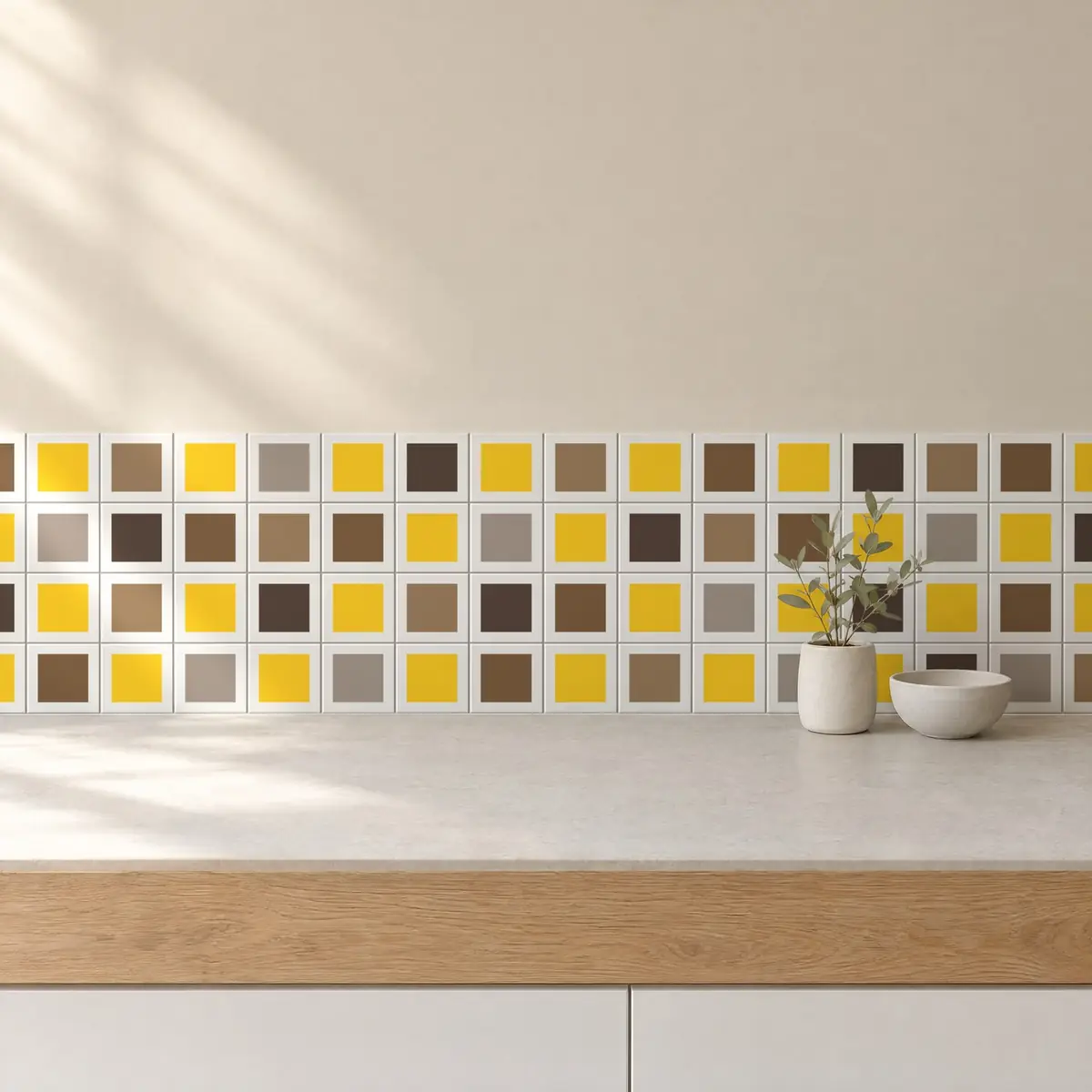 Cocina con Azulejo Square Blanco Brillo 10x10 Amarillo combinado con otros colores