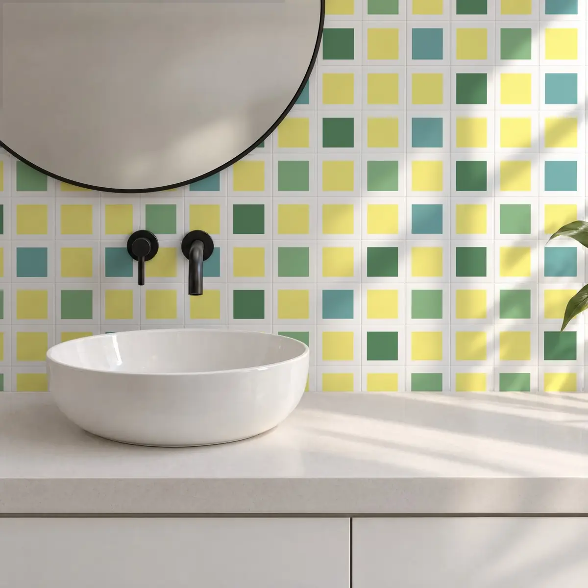 Baño alicatado con Azulejo Square Blanco Brillo 10x10 Amarillo Limón combinado con otros colores