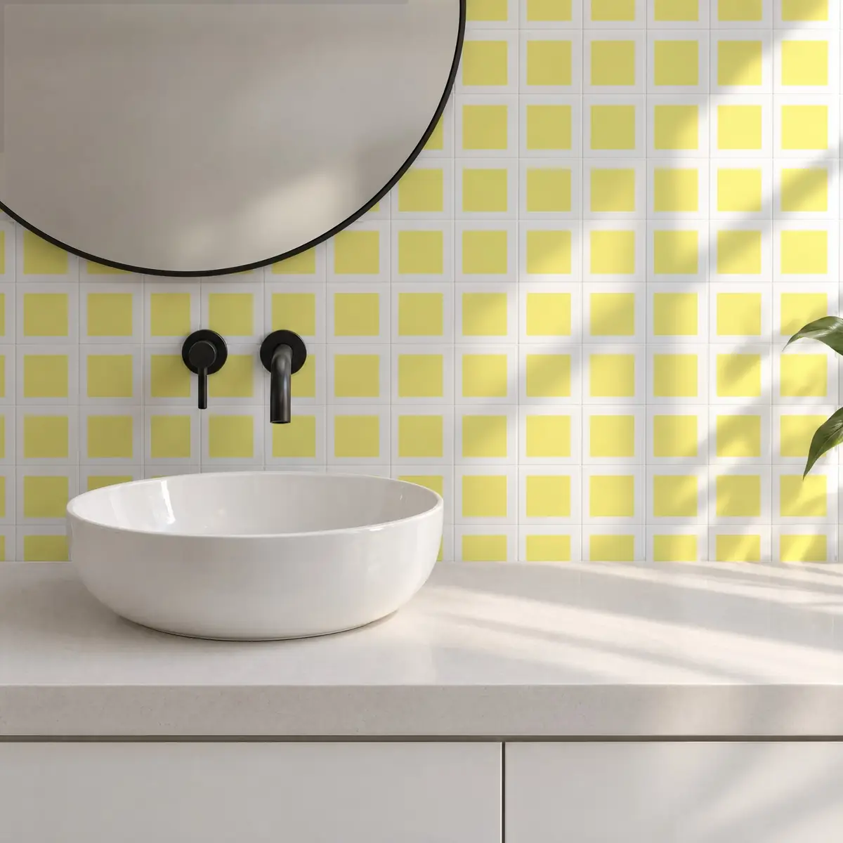 Baño alicatado con Azulejo Square Blanco Brillo 10x10 Amarillo Limón