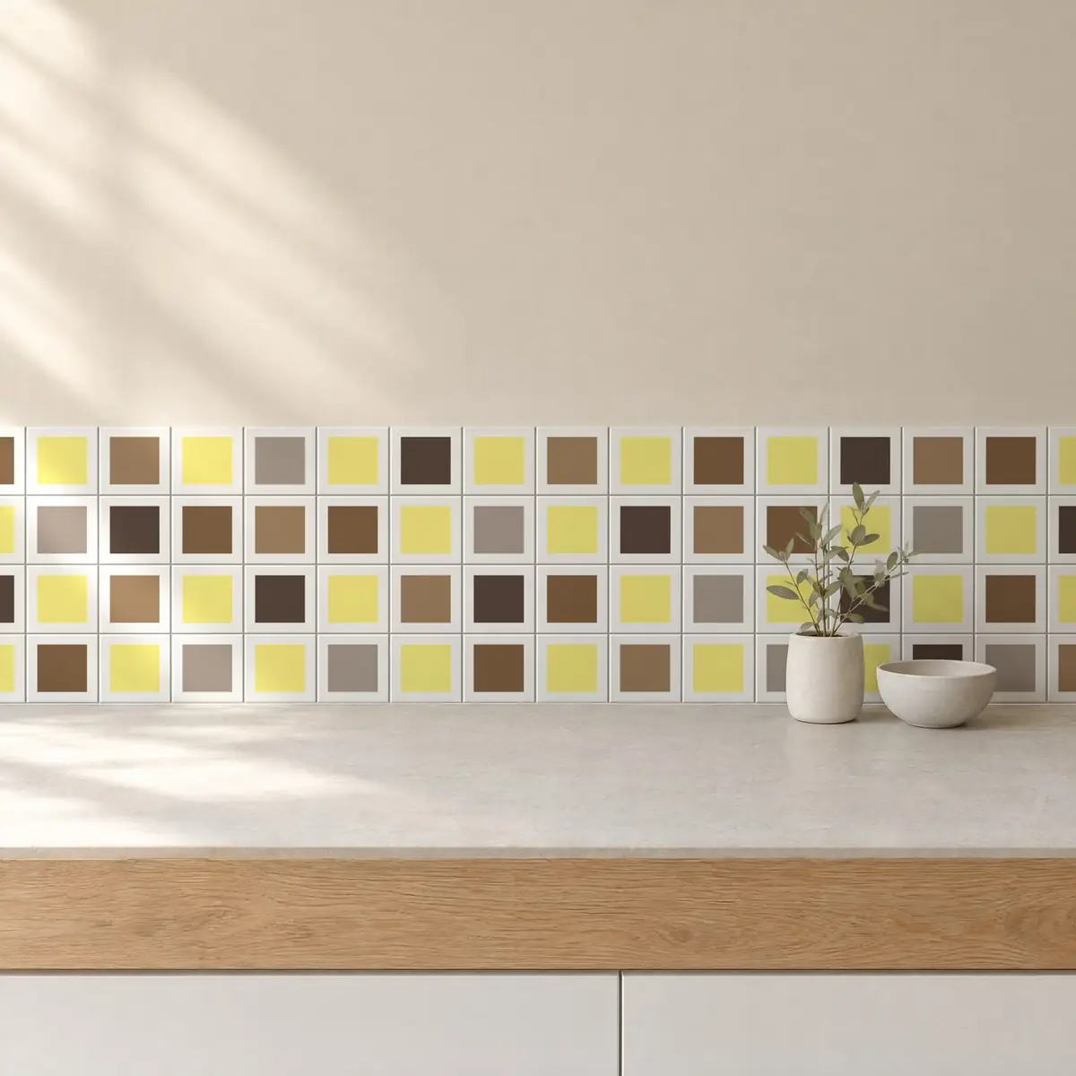 Cocina con Azulejo Square Blanco Brillo 10x10 Amarillo Limón combinado con otros colores