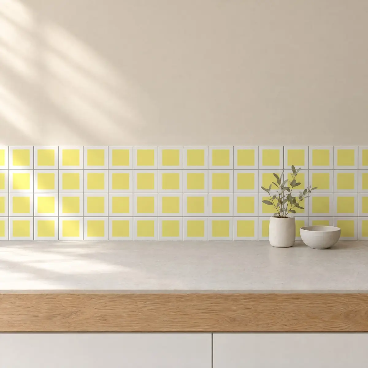 Cocina con Azulejo Square Blanco Brillo 10x10 Amarillo Limón de frente de encimera