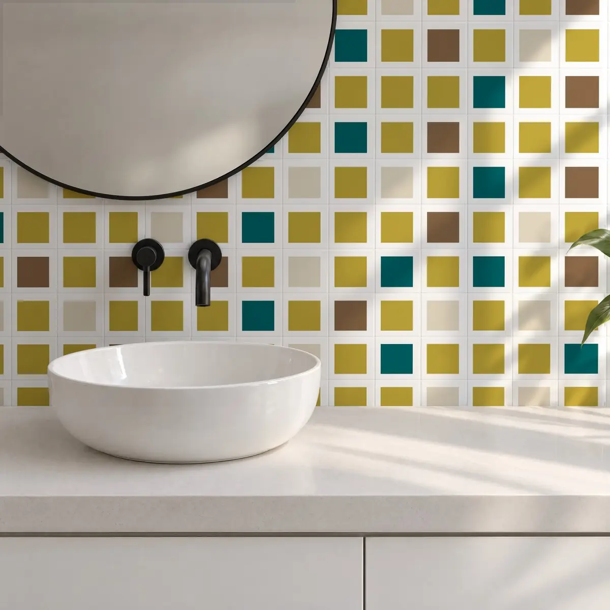 Baño alicatado con Azulejo Square Blanco Brillo 10x10 Arena combinado con otros colores